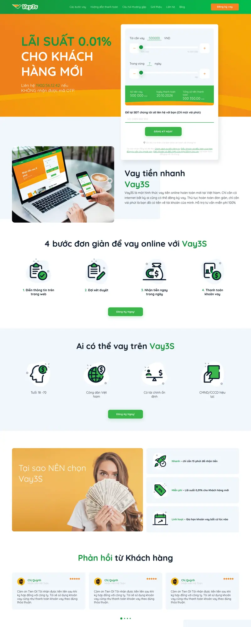 Mẫu web vay tiền nhanh, vay tín chấp – Vay3s