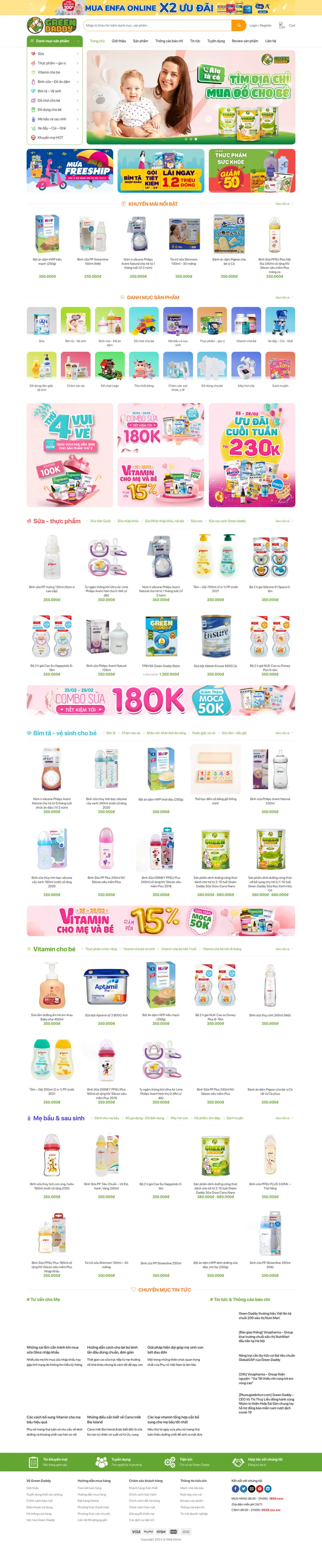 Mẫu web mẹ và bé 3 bán sửa bỉm tả – màn hình 1