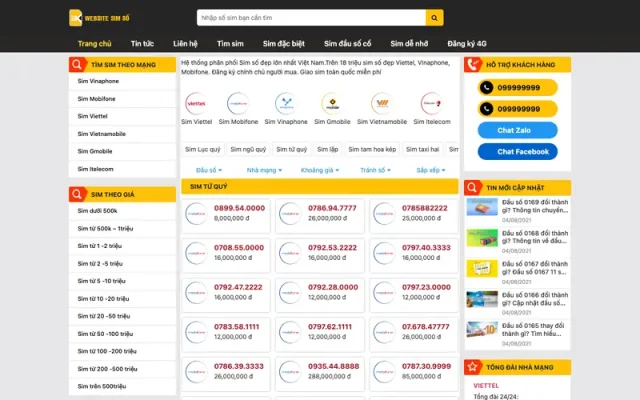Mẫu web bán sim
