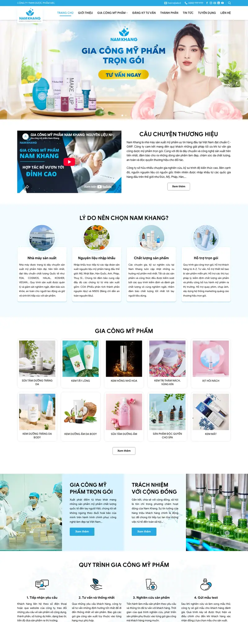 Mẫu web dịch vụ gia công mỹ phẩm – giao diện trang chủ