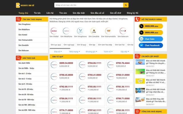 Mẫu web bán sim số hiện đại