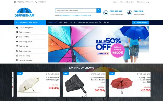 Mẫu web bán ô dù áo mưa – shop online