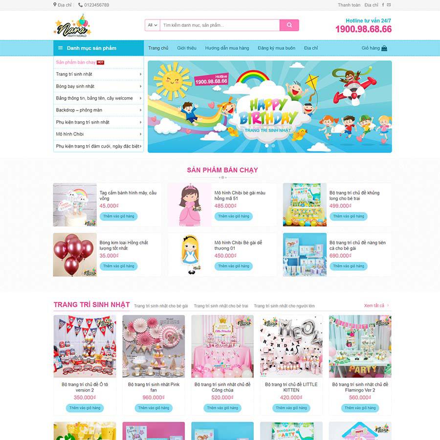 Mẫu web bán phụ kiện trang trí sinh nhật – shop online – màn hình 1