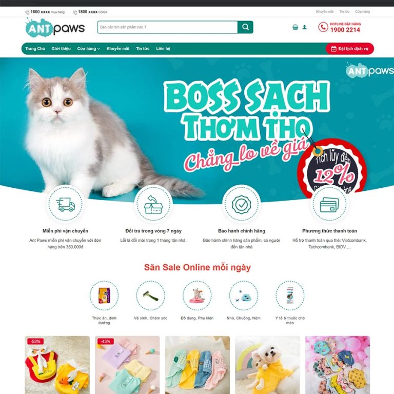 Mẫu web bán đồ chơi, thực phẩm thú cưng 01
