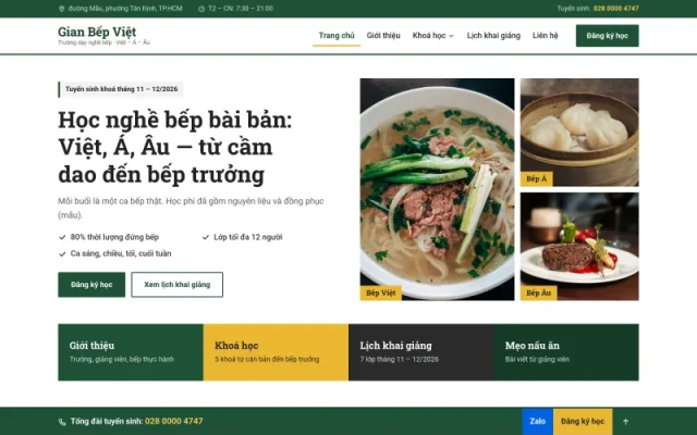 Mẫu web giáo dục – Trường dạy nghề bếp Gian Bếp Việt