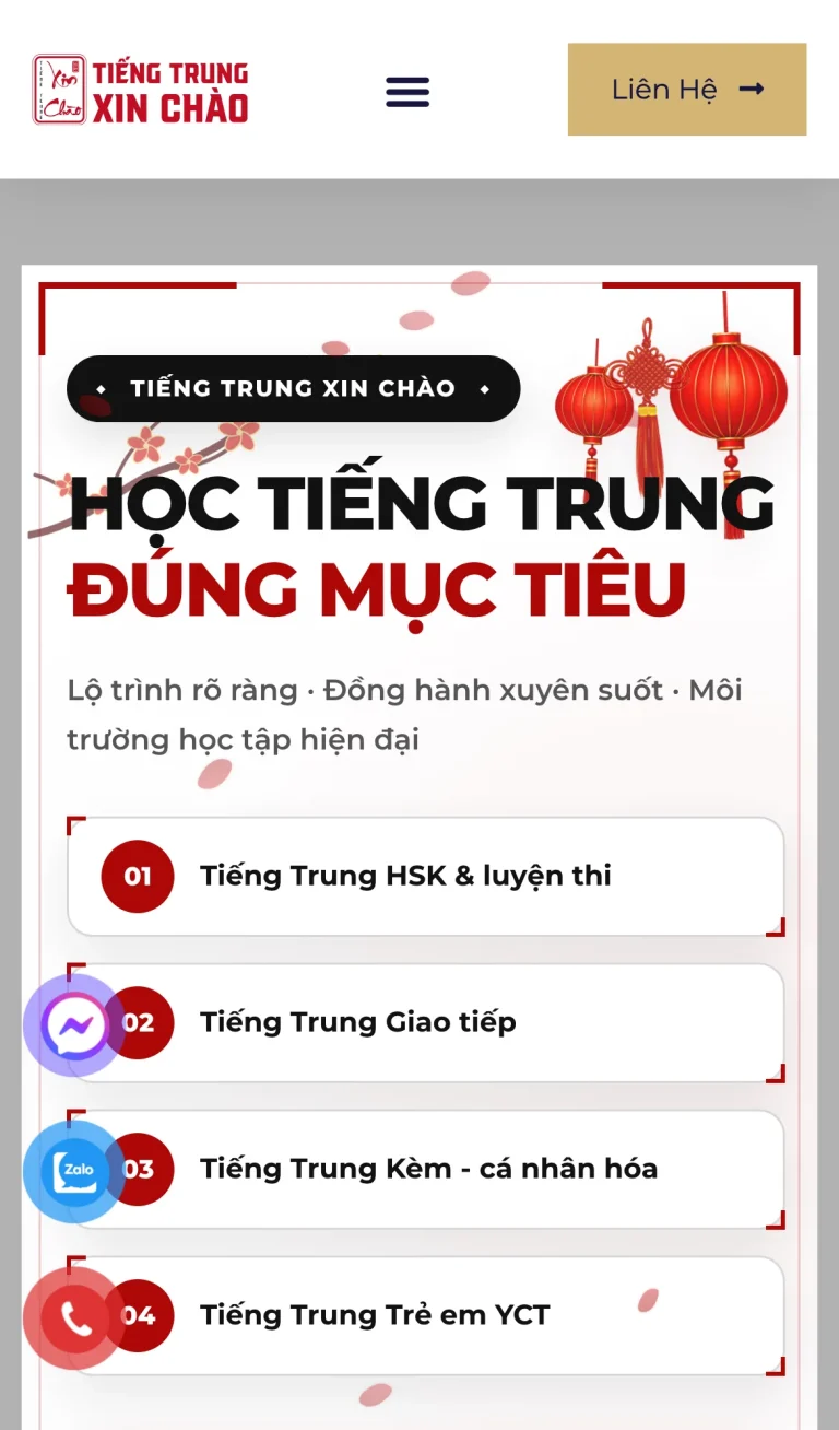 Website Tiếng Trung Xin Chào – giao diện điện thoại