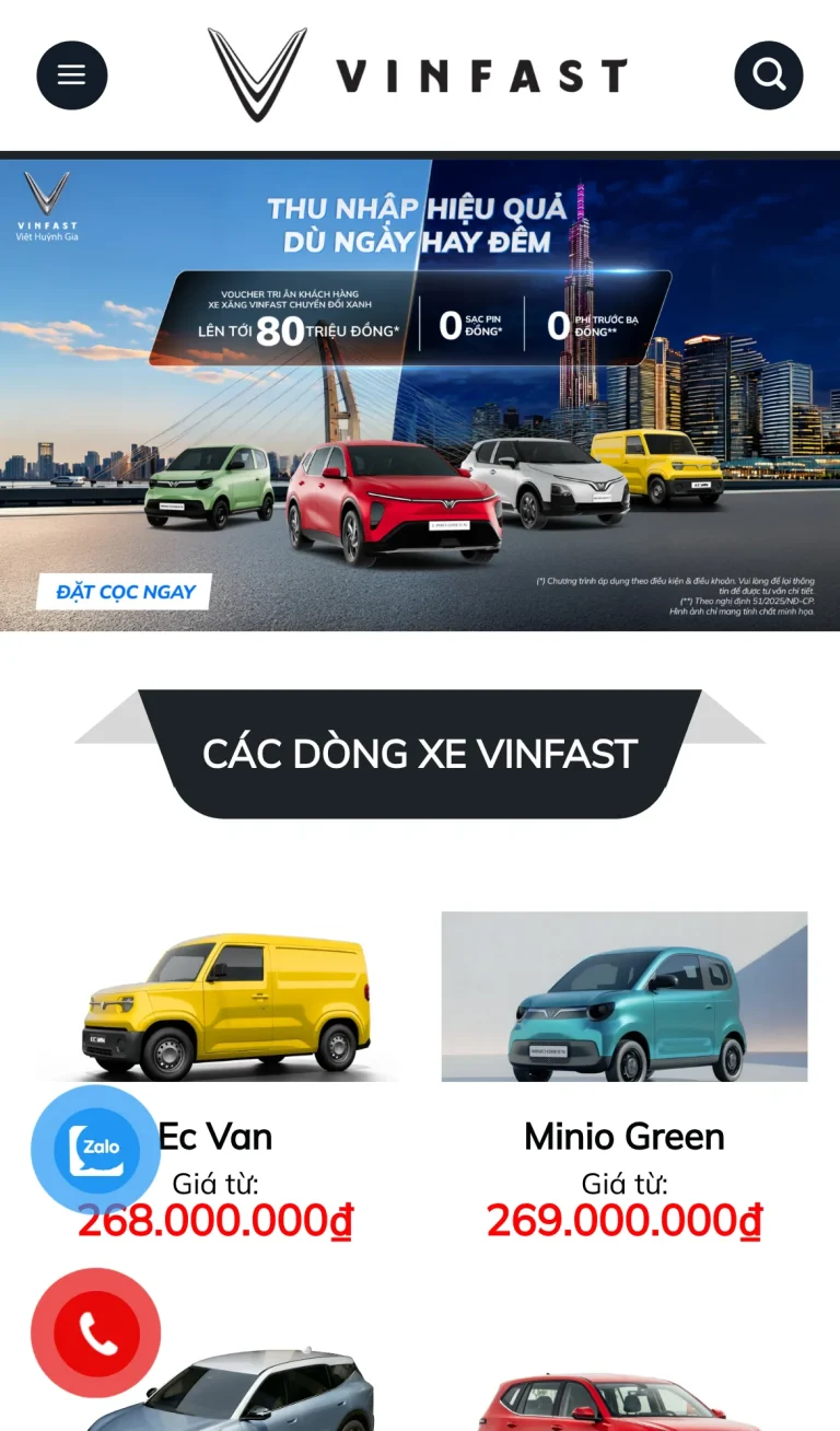 Website VinFast Việt Huỳnh Gia – giao diện điện thoại