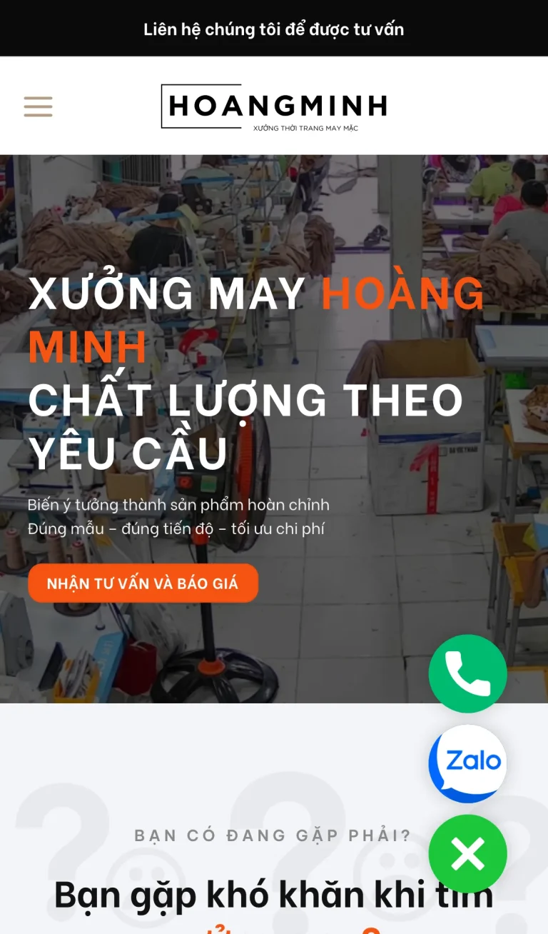 Website Xưởng may Hoàng Minh – giao diện điện thoại